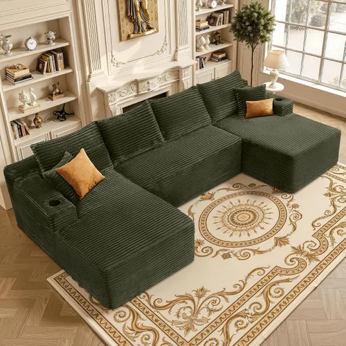 Vista 21 de Sofá seccional negro de 96.9 pulgadas, sofá modular de pana sin hueso con resortes y espuma de alta resistencia, asiento profundo compacto de gran