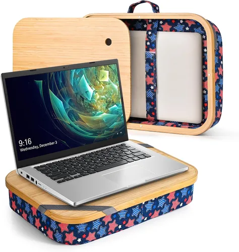 Vista 9 de MAYJOY Escritorio de bambú portátil con almacenamiento, escritorio de regazo con funda extraíble para regazo, soporte de laptop para regazo