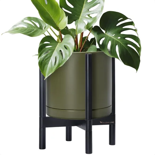 Vista 57 de D'vine Dev Maceta de cerámica con soporte de ébano – Maceta redonda moderna de 8 pulgadas con soporte para maceta de madera, color negro, 55-B-M-2
