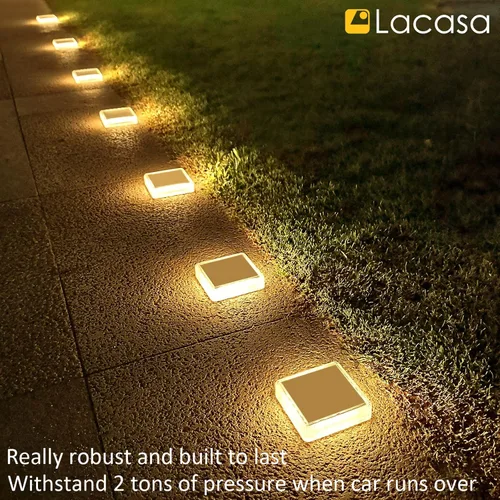 Vista 2 de Lacasa – Luces de terraza solares, paquete de 4 luces LED de 30LM para muelle, blanco cálido 2700K, luces de escalones exteriores alimentadas por