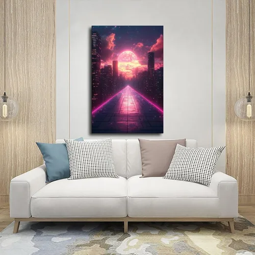 Vista 5 de Retro Futurism Neon Wall Art – Synthwave Sci-Fi Cityscape – Vibrant 80s Inspired Home Décor Modern Wall Prints Abstract Geometric Minimalist Art