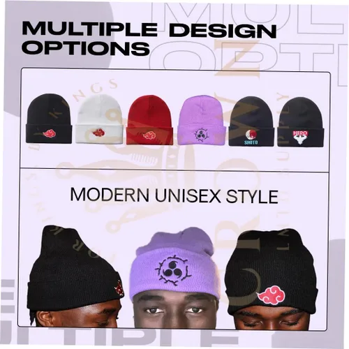 Vista 6 de Gorro de invierno de anime para hombres y mujeres, gorro de punto con puños, cómodo y suave, bordado de anime