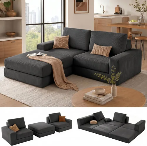 Vista 21 de Sofá seccional modular, 120.47" Sofá seccional moderno en forma de nube con chaise en L, cómodo sofá mullido de corduroy con asiento profundo, sofás