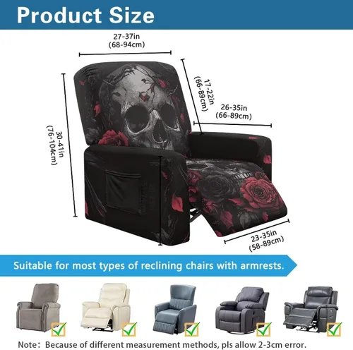Vista 8 de FOR U DESIGNS Juego de 4 fundas de sofá elásticas de calavera gótica para reclinables, con bolsillos laterales, se adapta a sillas pequeñas