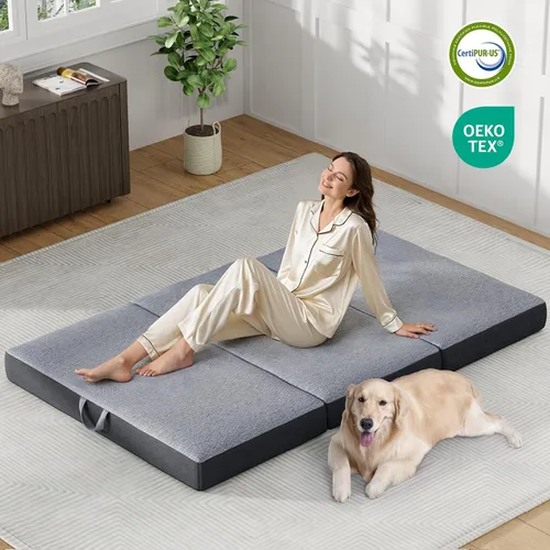 Vista 5 de Colchón triple tamaño Queen de 6 pulgadas, colchón plegable de espuma viscoelástica, parte inferior antideslizante, funda lavable con asas, cojín