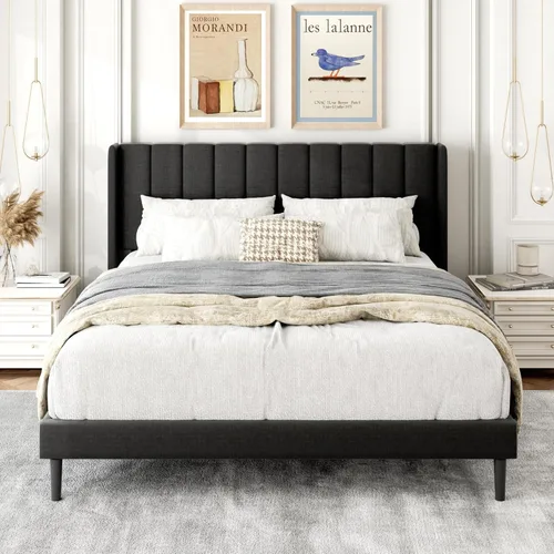 Vista 13 de Gruwans Base de cama de tamaño individual con cabecera tapizada con respaldo de ala, plataforma de fácil montaje, soporte de listones de madera,