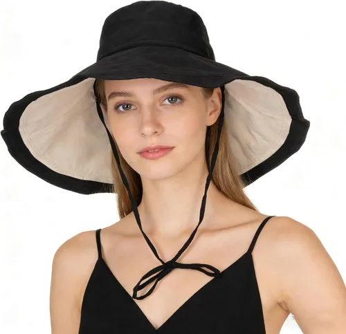 Vista 7 de Sombrero de sol de ala grande para mujer, protección UV, sombrero de pesca para playa, gorra para exteriores Negro/Beige