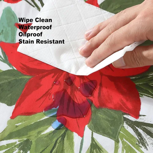 Vista 5 de Newbridge Poinsettia Flourish - Mantel de vinilo navideño de Pascua con respaldo de franela, cubierta de mesa festiva contemporánea de Pascua roja