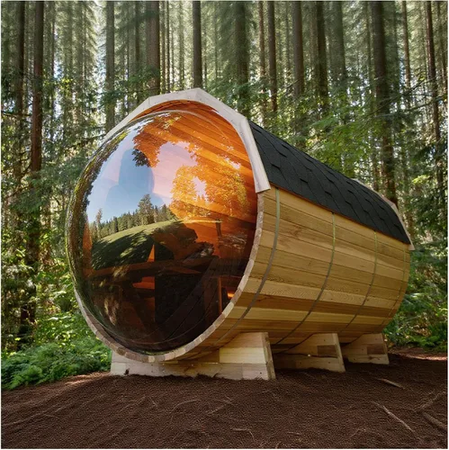 Vista 14 de Smartmak Sitio de sauna de barril de madera al aire libre, 4 personas Canadian Hemlock Garden Saunas de madera tradicionales con techo de asfalto