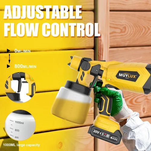 Vista 6 de Pulverizador de pintura inalámbrico con batería y cargador, pistola pulverizadora eléctrica de 800W con 5 boquillas y 3 patrones, pulverizador