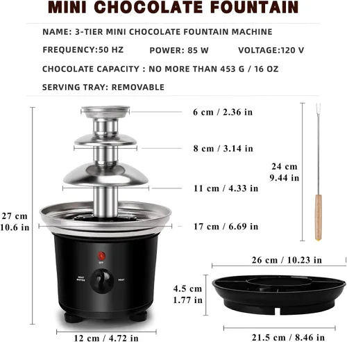 Vista 7 de Fuente de fondue de chocolate de 16 onzas, mini fuente de chocolate de 3 niveles con 6 tenedores de fondue y bandeja de extracción de frutas/frutos