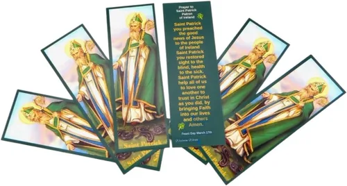 Vista 2 de Juego de 5 tarjetas de San Patricio con marcapáginas con oración católica de San Patricio