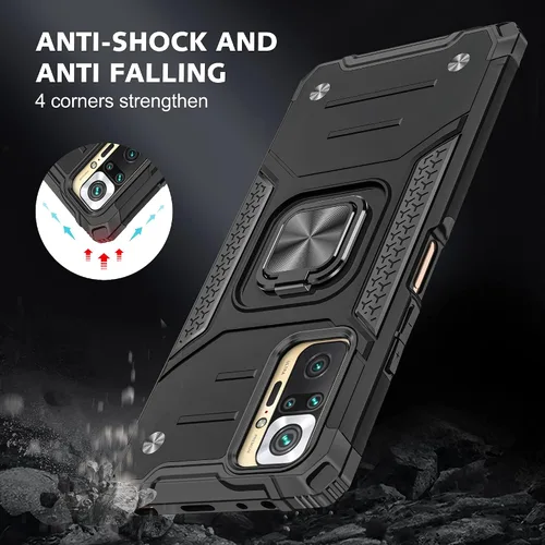 Vista 5 de Asuwish Funda de teléfono para Xiaomi Redmi Note 10/10S 4G con protector de pantalla de vidrio templado y soporte de anillo delgado híbrido Negro