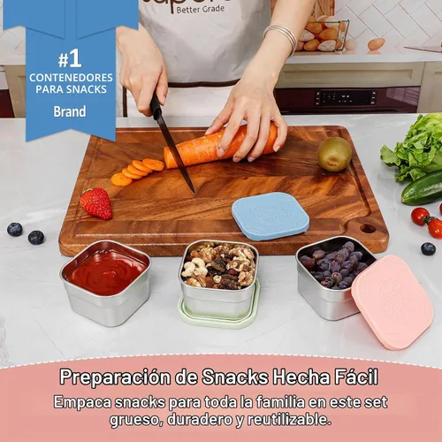 Vista 3 de Caperci Paquete de 3 Recipientes de Acero Inoxidable para Aperitivos con Tapas de Silicona - Recipientes Pequeños para Alimentos de 8 onzas a Prueba