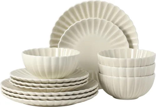 Vista 36 de Gibson Elite Peach Orchard - Juego de vajilla de porcelana de hueso de 12 piezas para 4, platos y cuencos estriados en relieve, apto