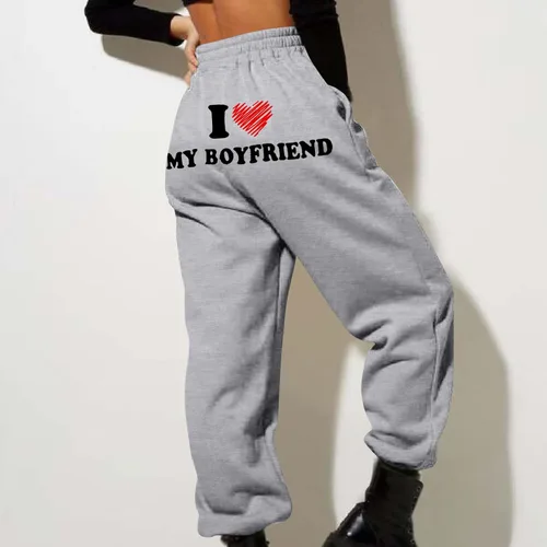 Vista 4 de I Love My Boyfriend - Pantalones deportivos a la moda, elásticos, de cintura alta, pantalones deportivos casuales de forro polar sueltos, pantalones