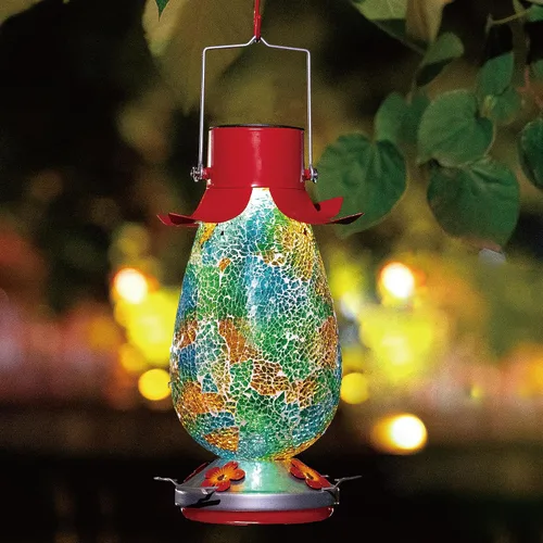 Vista 7 de Comedero solar LED para colibríes para exteriores, 40 onzas, mosaico de vidrio verde azulado, botella de néctar de colibrí colgante con 4 estaciones