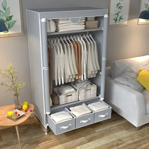Vista 5 de Armario portátil para ropa con puerta enrollable con estante para colgar, organizador de almacenamiento de tela no tejida con tres cajones, montaje