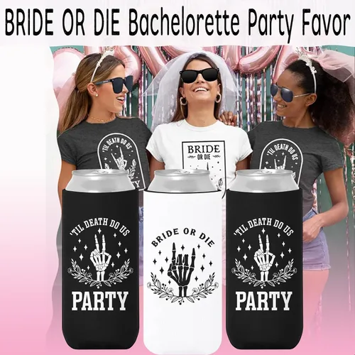Vista 2 de Bride or Die - Enfriador de latas delgadas para despedida de soltera – Till Death Skinny Beverage Sleeves 12pcs Funny Neopreno Cerveza Cozy Bulk