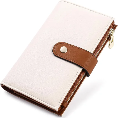 Vista 15 de yiijay Cartera para mujer con bloqueo RFID, de cuero vegano, triple pliegue, tarjetero para tarjetas de crédito, cartera de viaje con soporte