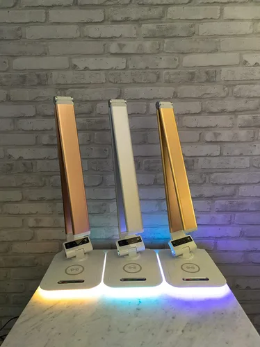 Vista 3 de Lámpara de escritorio con luz de acento RGB, cargador inalámbrico, puerto USB, controles de luz regulables (oro rosa)