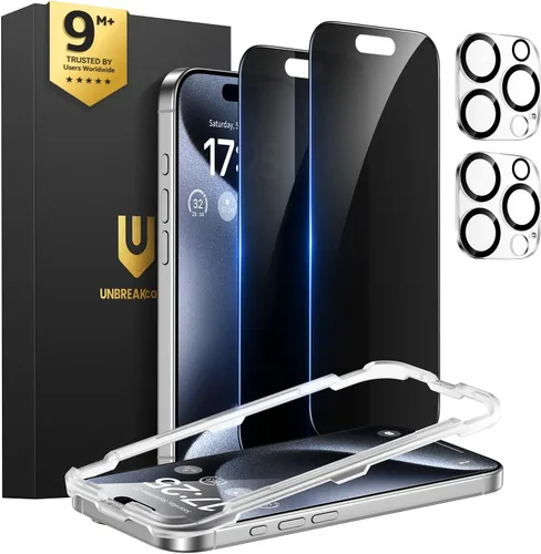 Vista 16 de UNBREAKcable Protector de pantalla de privacidad para iPhone 15 (6.1 pulgadas), paquete de 2 + 2 protectores de lente, antiespía de 25°, dureza 9H