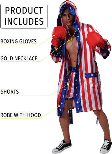 Vista 2 de Maxim Party Supplies Disfraz de boxeo de bandera estadounidense de satén para adultos con bata, collar, guantes de boxeo y pantalones cortos