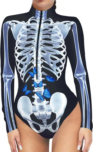 Vista 8 de Enterizo de esqueleto para mujer, con cremallera, traje sexy de una pieza para Halloween Esqueleto 3D