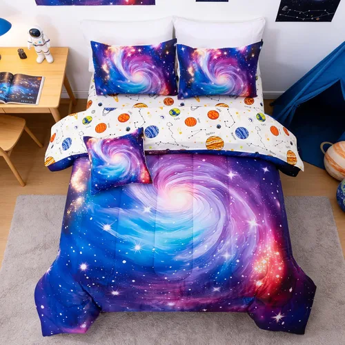 Vista 9 de Btargot Juego de edredón súper suave de 6 piezas con patrón de estrellas en degradado y anillo, juego de ropa de cama con rayas onduladas