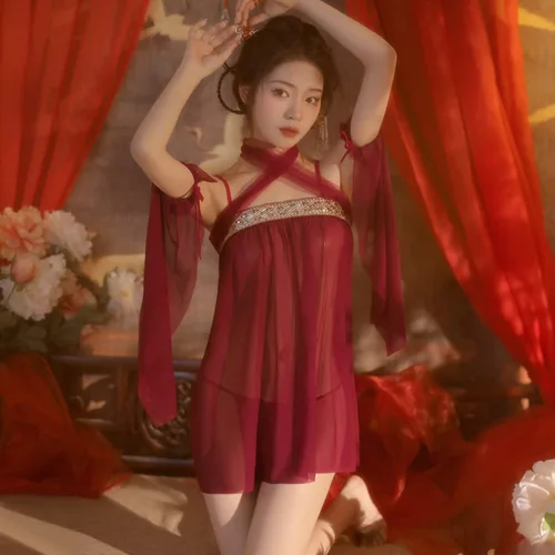 Vista 3 de Lencería sexy china transparente para mujer, vestido Hanfu bordado para mujer