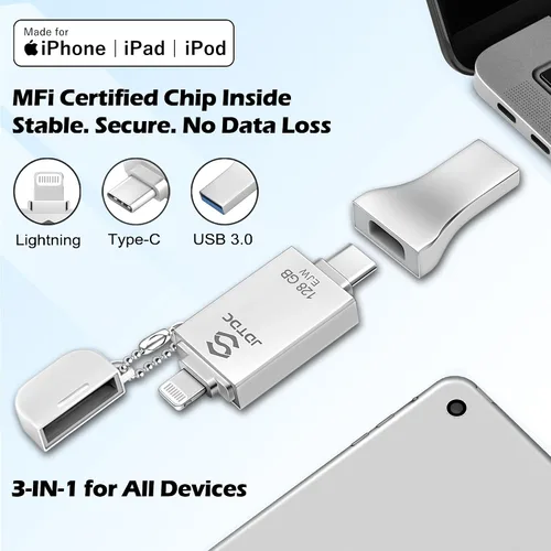 Vista 3 de Palo de fotos genuino de 128 GB con certificación MFi de Apple para iPhone 17/16/15/14-3 en 1 USB C Flash Drive y Memory Stick - Almacenamiento