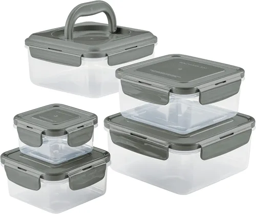 Vista 15 de Rachael Ray Juego de contenedores de almacenamiento de alimentos a prueba de fugas, 10 piezas, transparentes con tapas grises Transparente con tapas