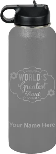 Vista 32 de LaserGram Botella de agua con tapa abatible de doble pared de 12 onzas con pajilla, la tía más grande del mundo, grabado personalizado incluido Negro