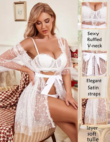 Vista 5 de Avidlove Bata corta para mujer, camisón de malla, babydoll lencería, talla L, Corazón de lámina blanca