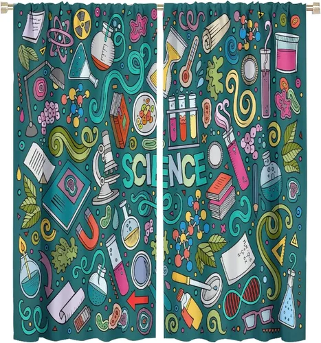 Vista 83 de Cortinas opacas para ventanas de ciencia para niños, lupa de libro de laboratorio de ciencia, lupa, frascos moleculares, cortinas impresas