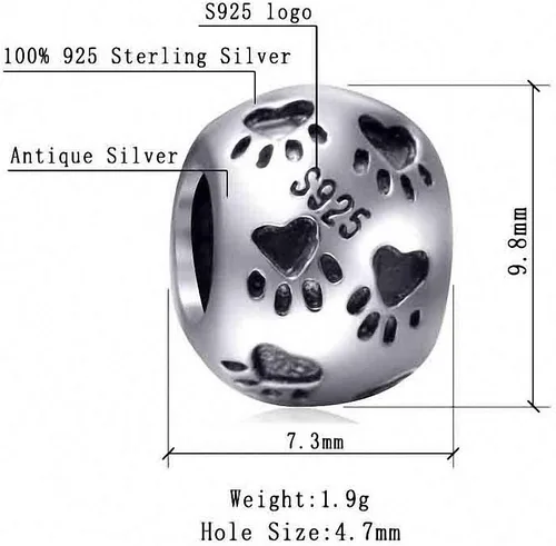 Vista 2 de ABUN Abalorio de plata de ley 925 con diseño de huella de perro para pulseras, regalos de madre