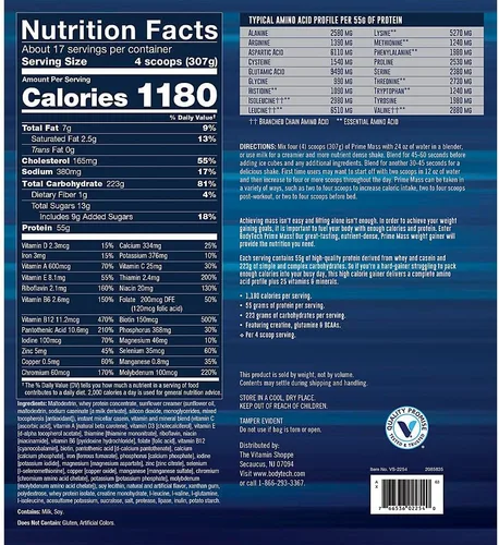 Vista 2 de BodyTech Prime Mass - Ganador de masa alto en calorías - Apoya el crecimiento muscular y el aumento de peso - Vainilla (12 libras, 17 porciones)