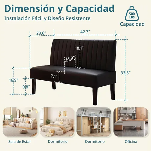 Vista 2 de STHOUYN Mini sofá pequeño de cuero negro de 43 pulgadas de ancho, sofá biplaza sin brazos para dormitorio con puerto USB, sofás pequeños