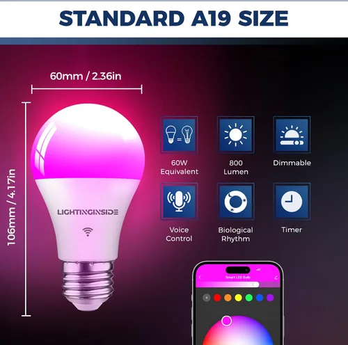 Vista 4 de Lightinginside Bombillas inteligentes compatibles con Alexa/Google Assistant, bombilla inteligente WiFi de 9 W 800 LM, A19 E26, no requiere