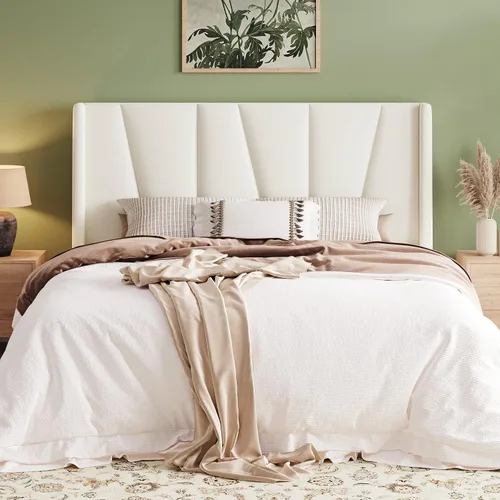 Vista 9 de Allewie Base de cama de plataforma tamaño Queen con cabecera geométrica con respaldo de alas, cama tapizada bohemia con soporte de listones de Beige