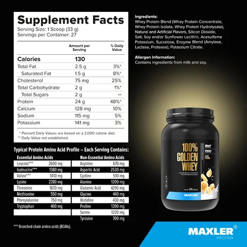 Vista 5 de Maxler Proteína de suero de leche 100% dorada, 0.94 onzas de proteína por porción, proteína de suero en polvo para antes del entrenamiento