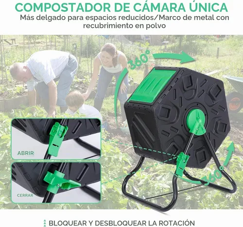 Vista 5 de Nouva Contenedor de compostaje para exteriores, 18.5 galones de una sola cámara, pequeño compostador giratorio, marco de acero, barril resistente