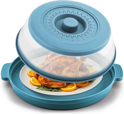 Vista 9 de Cubierta de salpicaduras para microondas para alimentos con placa base antiquemaduras, plástico grande y silicona ventilada para evitar quemaduras