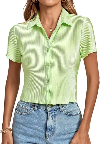Vista 5 de LYANER Blusa corta de manga corta con cuello en V y botones para mujer