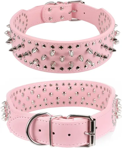 Vista 2 de Collar ajustable de piel sintética con tachuelas y clavos para perro, de 5 cm de ancho, 43 clavos (Talla L (cuello 53 cm-61 cm), Rosa)