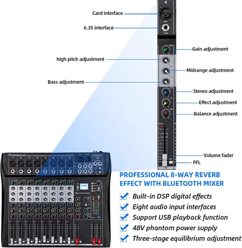 Vista 7 de Depusheng DT8 Mezclador profesional, tablero de sonido, consola de 8 canales, interfaz de sistema de escritorio, USB digital, entrada de computadora