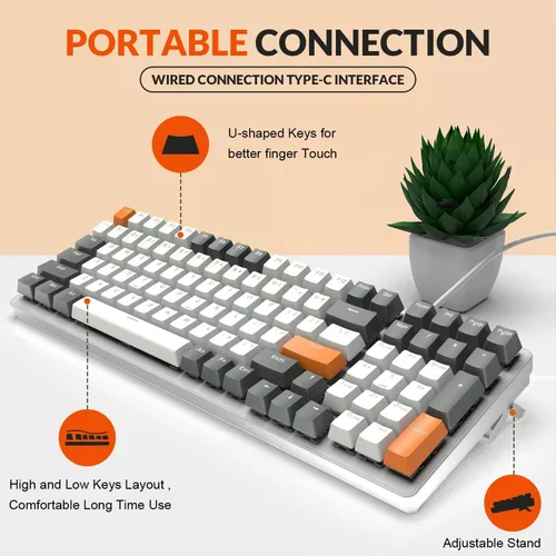 Vista 2 de ZIYOU LANG K3 Teclado mecánico con cable para juegos, interruptor rojo lineal con retroiluminación LED arcoíris, 100 teclas antirfantasma