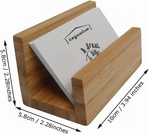 Vista 2 de Paquete de 1 soporte de madera de bambú para tarjetas de visita de escritorio para escritorio, soporte de exhibición de tarjetas de visita