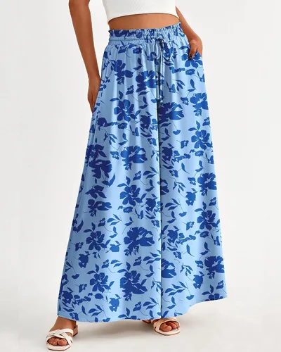 Vista 3 de BTFBM Pantalones casuales de cintura alta y pierna ancha para mujer, diseño floral, lisos, largos, palazzo, para descansar, playa, con bolsillo