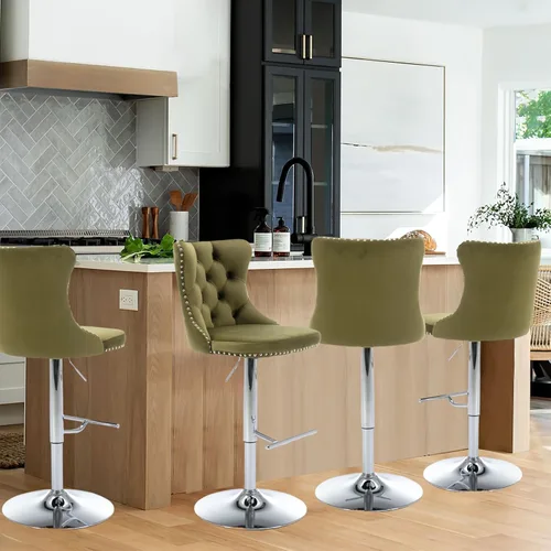 Vista 161 de SoarFlash Juego de 2 taburetes de bar tapizados de terciopelo moderno con patas de madera, botones acolchados, cabeza de clavo cromada, asiento